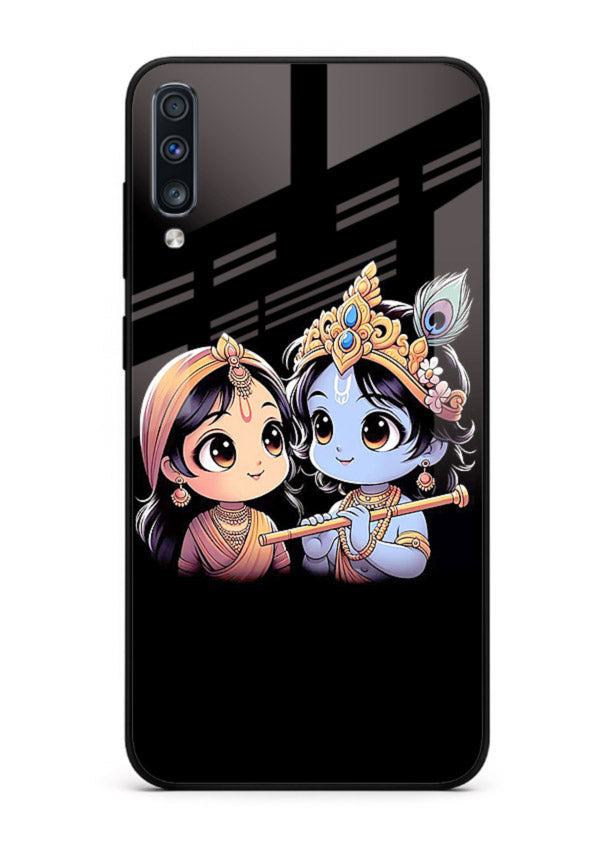 Cute Radha Krishna on dark theme Samsung A50 glass back devotional couple case