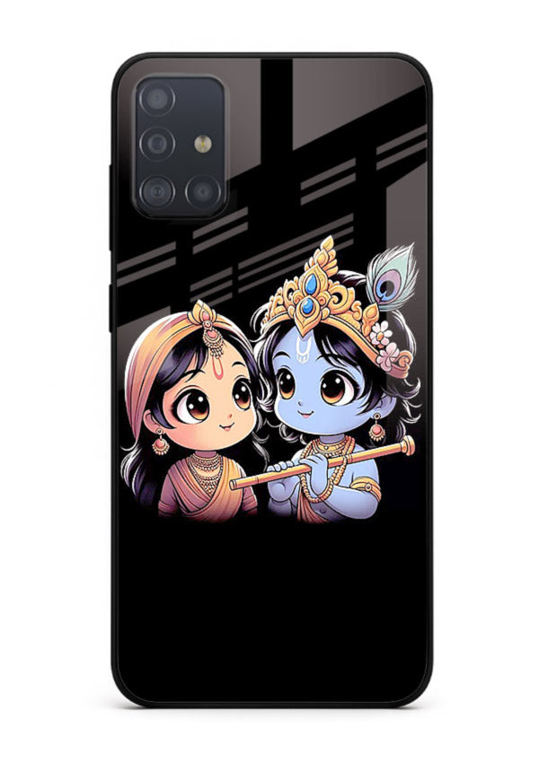 Cute Radha Krishna on dark theme Samsung A71 glass back devotional couple case