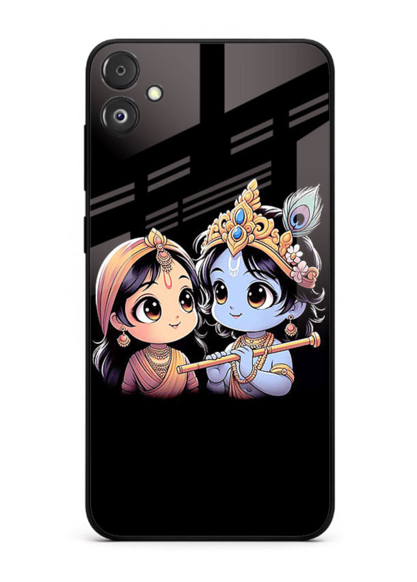 Cute Radha Krishna on dark theme Samsung F05 5G glass back devotional couple case