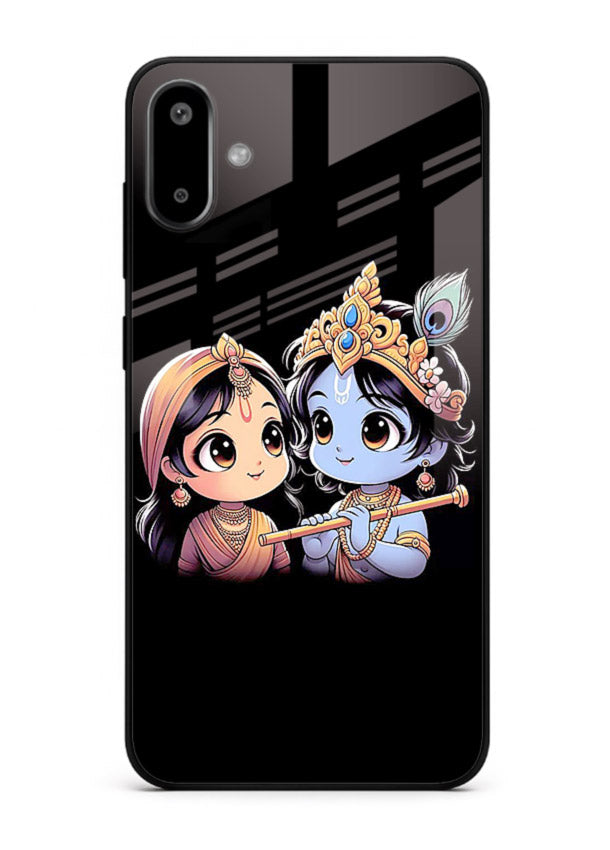 Cute Radha Krishna on dark theme Samsung F06 5G glass back devotional couple case