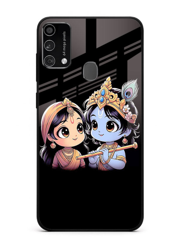 Cute Radha Krishna on dark theme Samsung F41 glass back devotional couple case