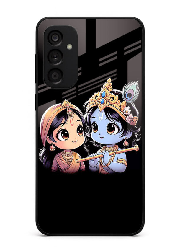 Cute Radha Krishna on dark theme Samsung M14 4G glass back devotional couple case