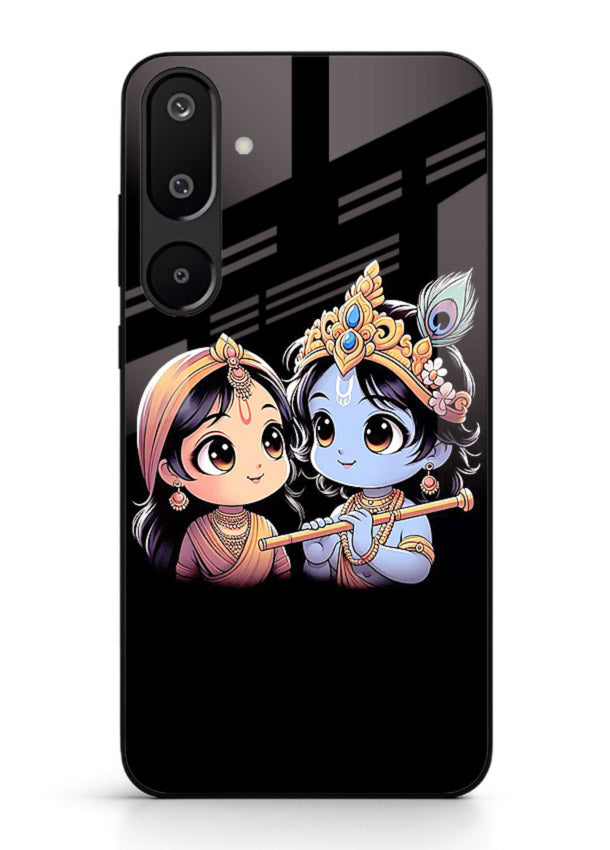 Cute Radha Krishna on dark theme Samsung M16 5G glass back devotional couple case