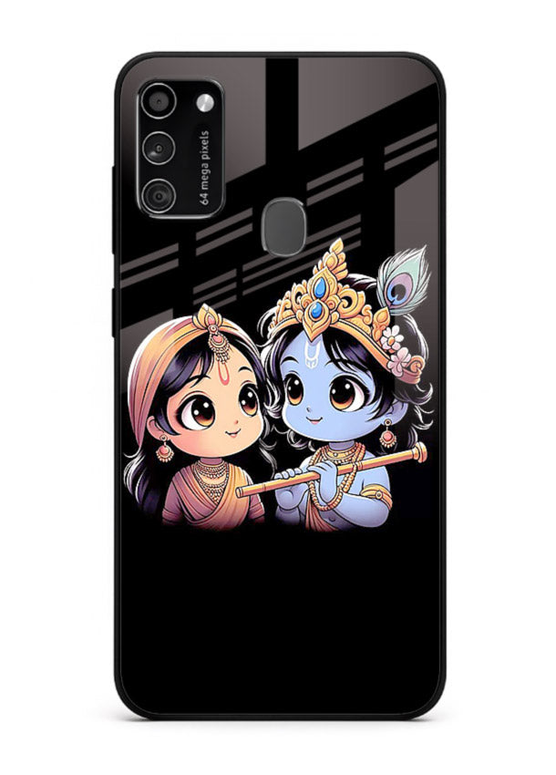 Cute Radha Krishna on dark theme Samsung M30s glass back devotional couple case