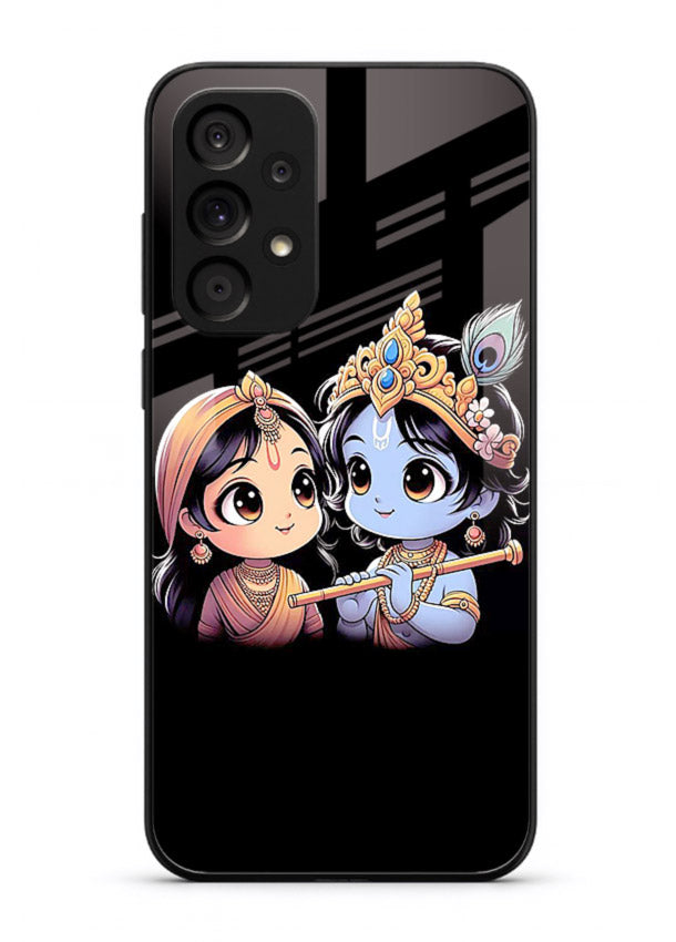 Cute Radha Krishna on dark theme Samsung A73 5G glass back devotional couple case