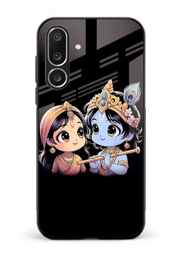 Cute Radha Krishna on dark theme Samsung F56 5G glass back devotional couple case