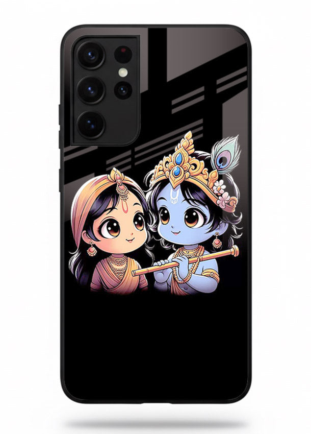 Cute Radha Krishna on dark theme Samsung S21 Ultra glass back devotional couple case