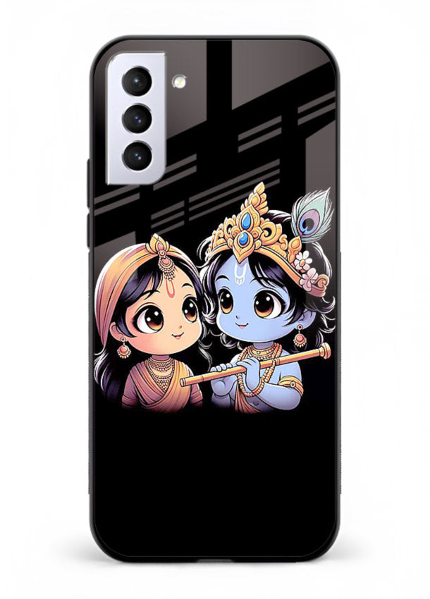 Cute Radha Krishna on dark theme Samsung S21 FE glass back devotional couple case