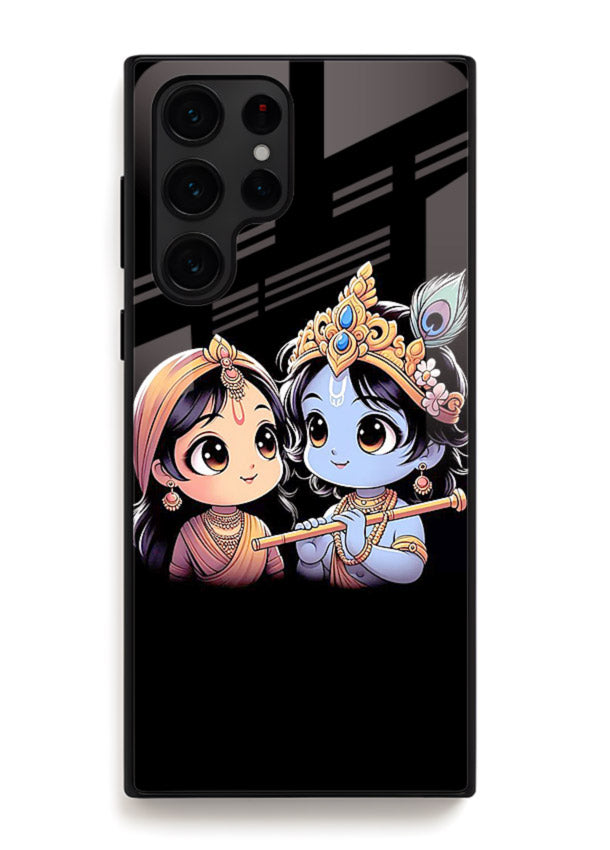 Cute Radha Krishna on dark theme Samsung S23 Ultra glass back devotional couple case