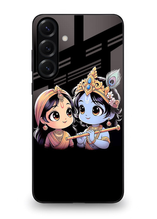 Cute Radha Krishna on dark theme Samsung A54 5G glass back devotional couple case