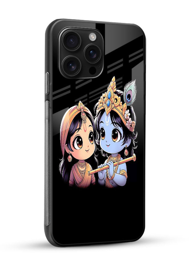 Cute Radha Krishna on dark theme glossy vibrant premium glass back devotional couple case - Angle Side