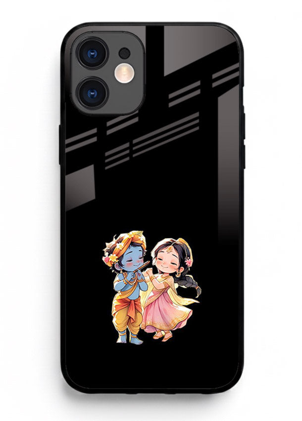 Radha Krishna tiny hearts design iphone 12 black glass romantic devotional cover