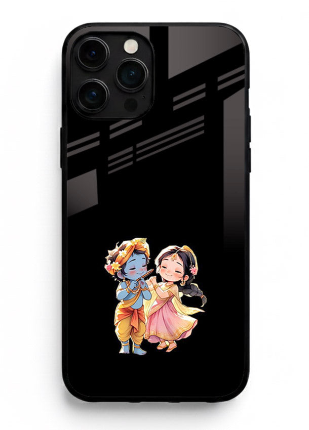 Radha Krishna tiny hearts design iphone 14 pro max black glass romantic devotional cover