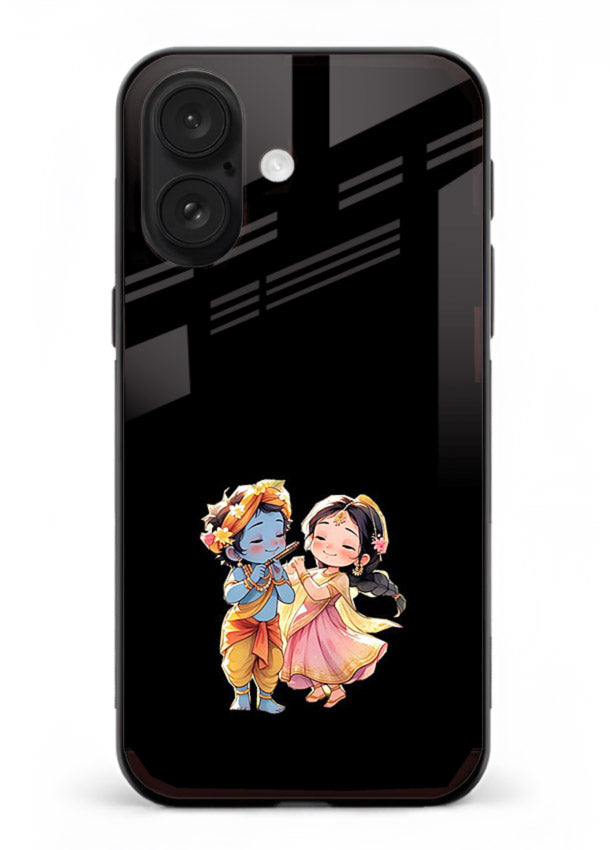 Radha Krishna tiny hearts design iphone 18 black glass romantic devotional cover
