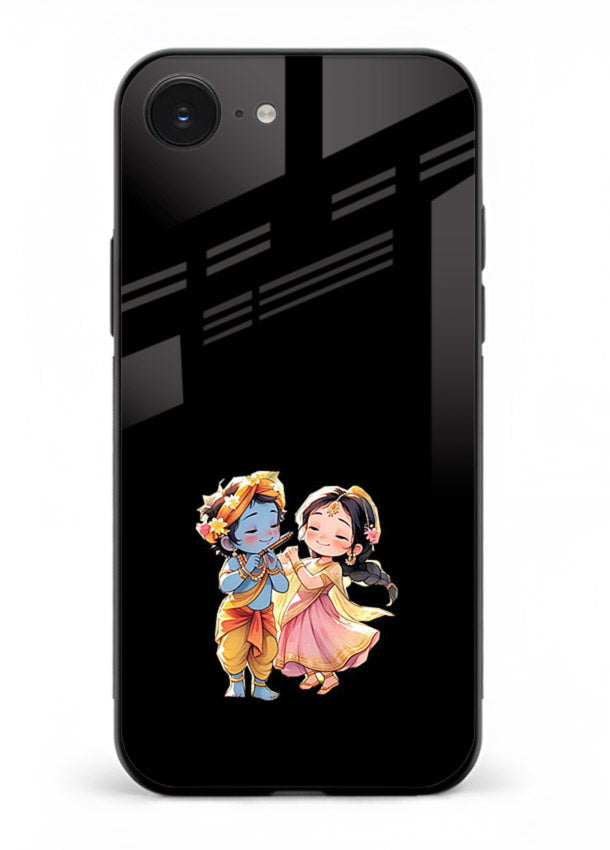 Radha Krishna tiny hearts design iphone 16e black glass romantic devotional cover