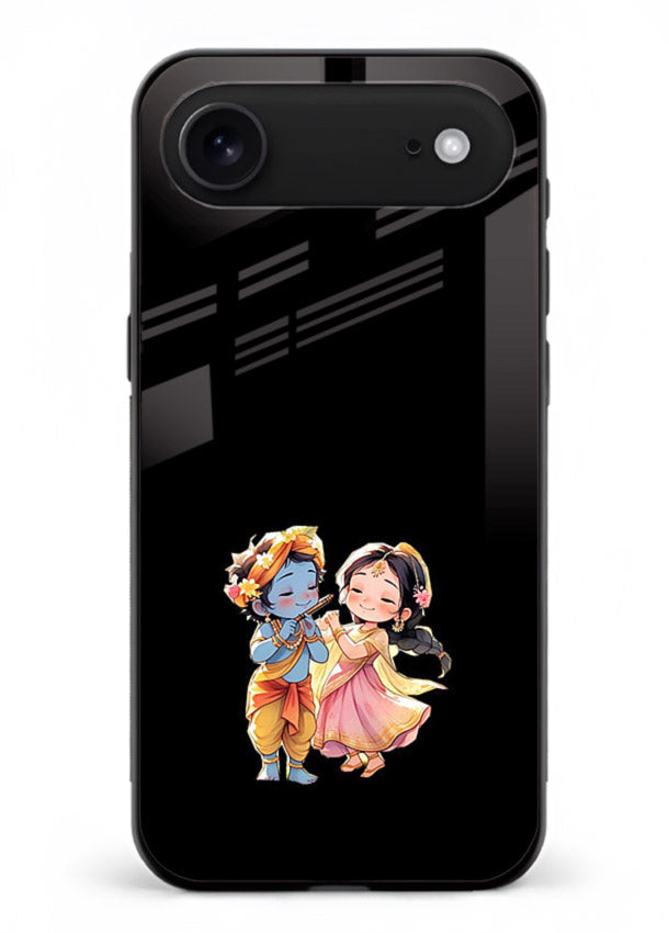 Radha Krishna tiny hearts design iphone 17 air black glass romantic devotional cover