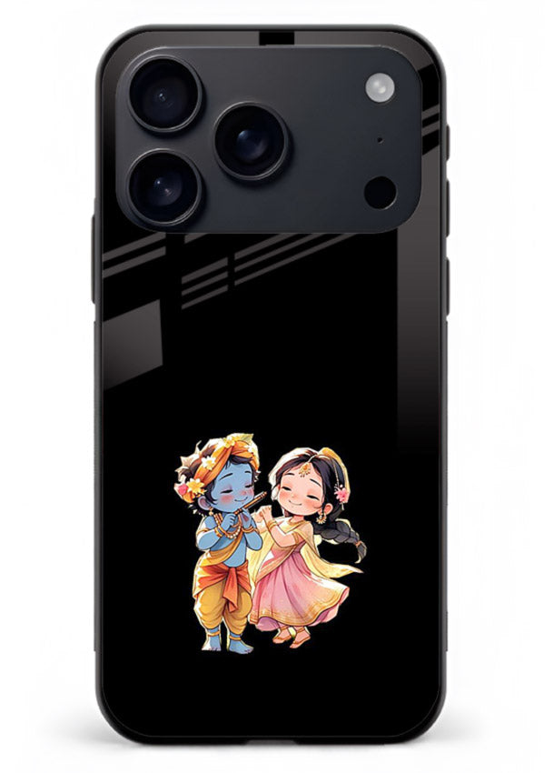 Radha Krishna tiny hearts design iphone 17 pro max black glass romantic devotional cover