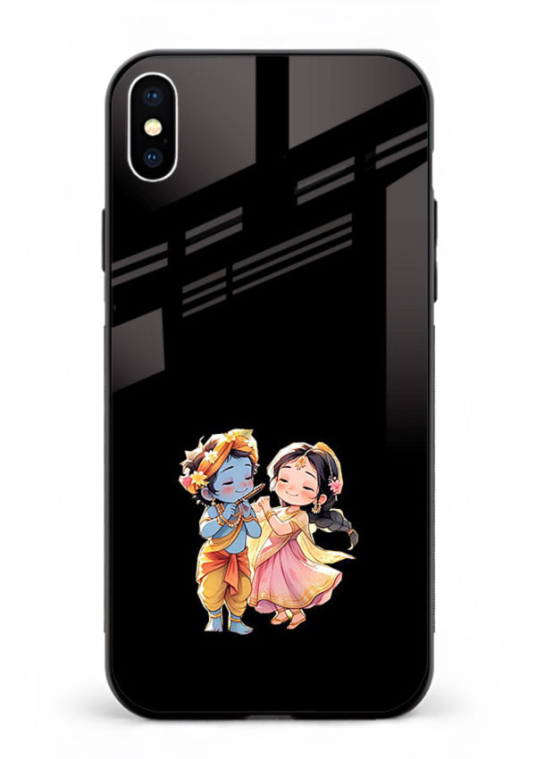 Radha Krishna tiny hearts design iphone xs max black glass romantic devotional cover