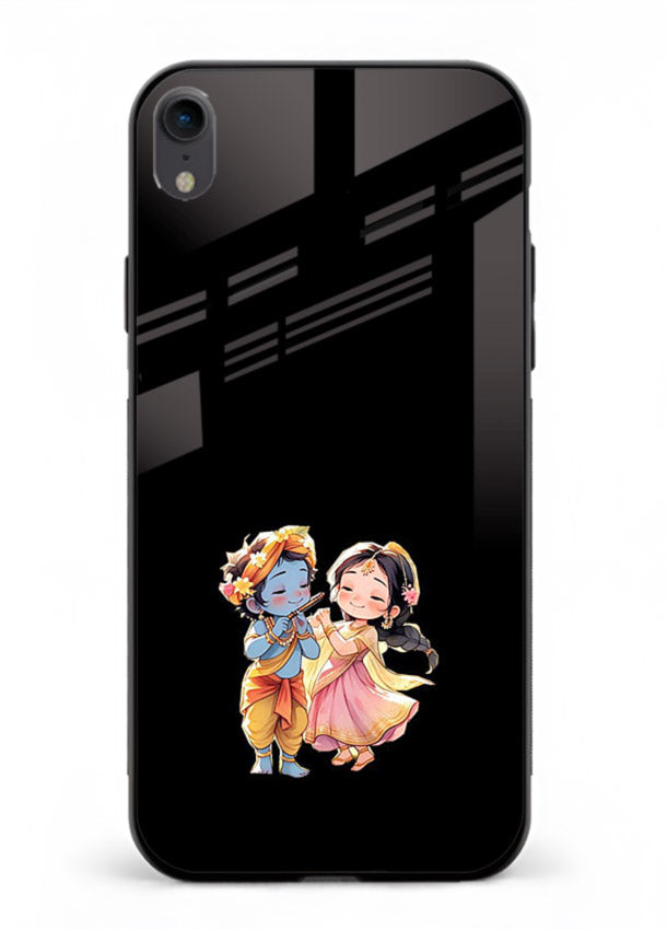 Radha Krishna tiny hearts design iphone xr black glass romantic devotional cover