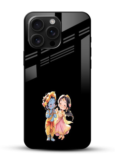 Radha Krishna tiny hearts design glossy vibrant premium black glass romantic devotional cover - Angle Front