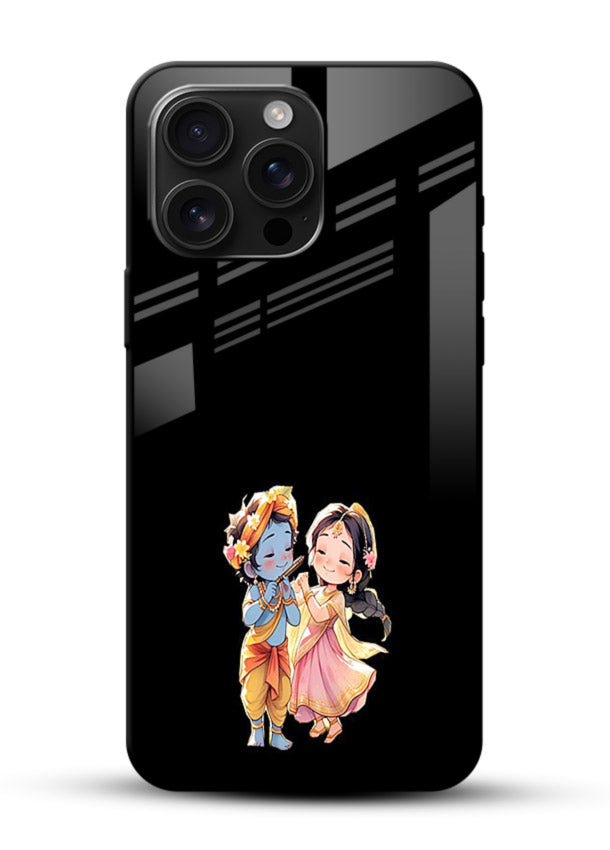 Radha Krishna tiny hearts design glossy vibrant premium black glass romantic devotional cover - Angle Front