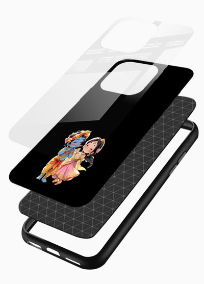 Radha Krishna tiny hearts design glossy vibrant premium black glass romantic devotional cover - Angle Layers