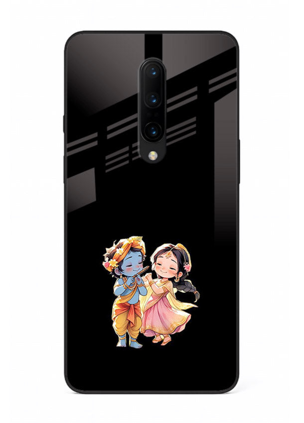 Radha Krishna tiny hearts design OnePlus 8 black glass romantic devotional cover
