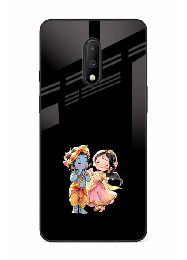 Radha Krishna tiny hearts design OnePlus 7 black glass romantic devotional cover