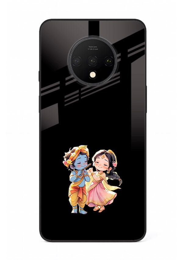 Radha Krishna tiny hearts design OnePlus 7T black glass romantic devotional cover