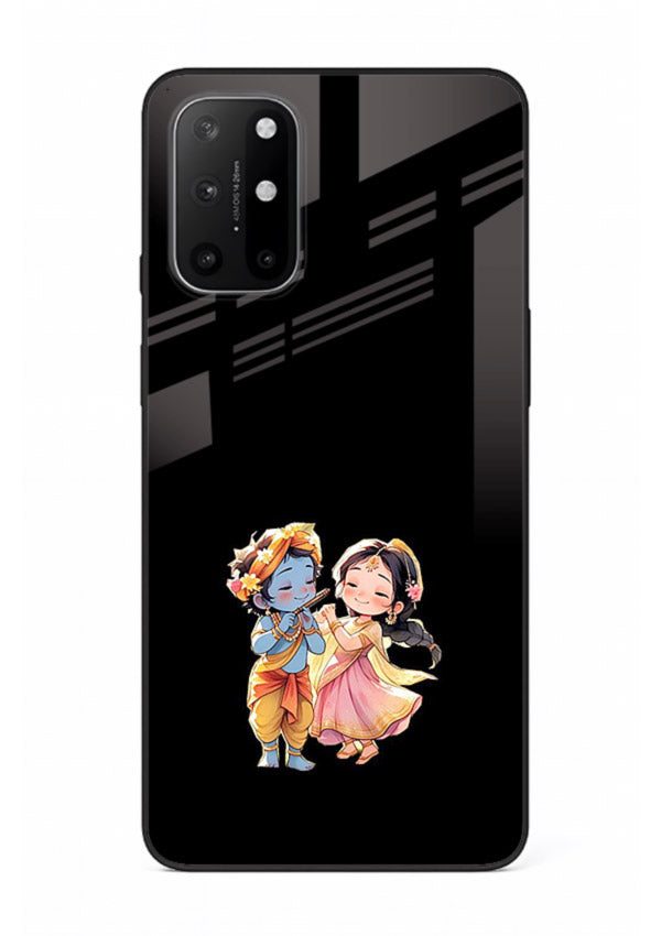 Radha Krishna tiny hearts design OnePlus 8T black glass romantic devotional cover