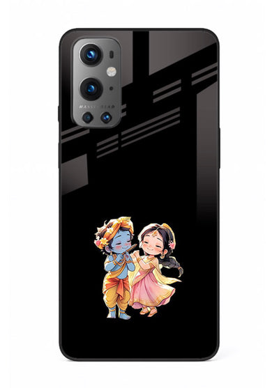 Radha Krishna tiny hearts design OnePlus 9 black glass romantic devotional cover