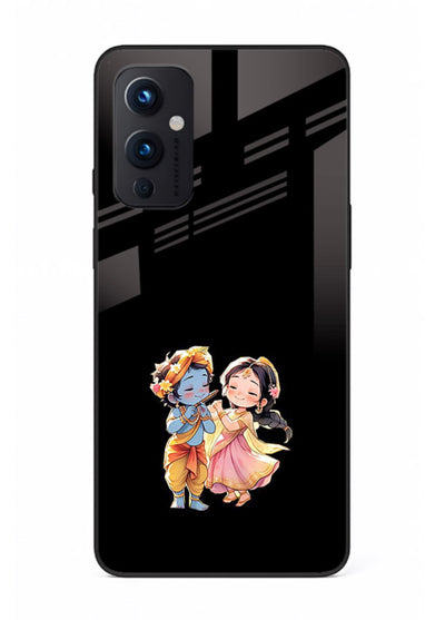 Radha Krishna tiny hearts design OnePlus 9 Pro black glass romantic devotional cover