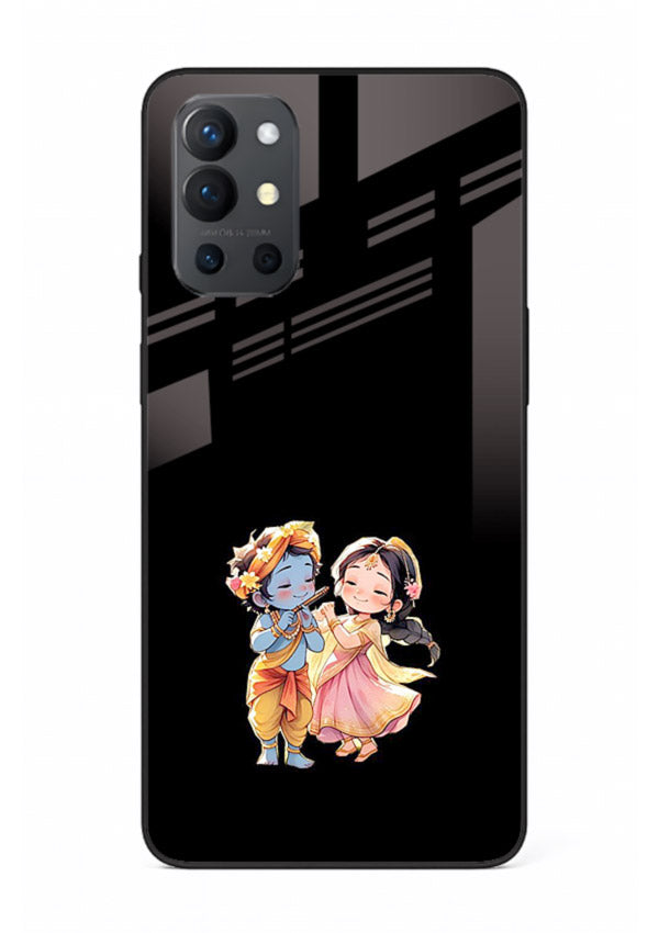 Radha Krishna tiny hearts design OnePlus 9R black glass romantic devotional cover