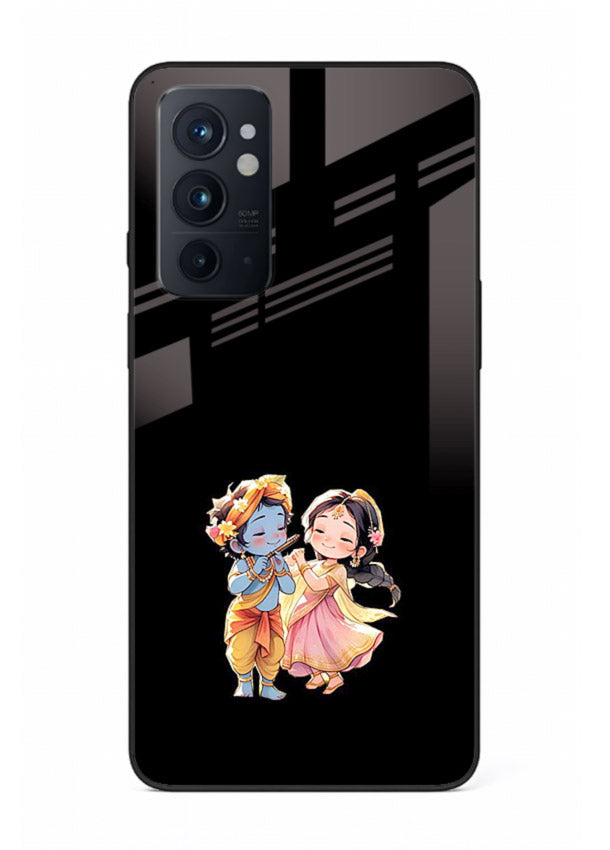Radha Krishna tiny hearts design OnePlus 9RT black glass romantic devotional cover