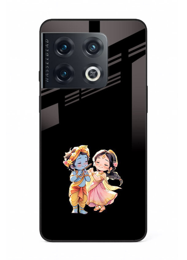 Radha Krishna tiny hearts design OnePlus 10 Pro black glass romantic devotional cover