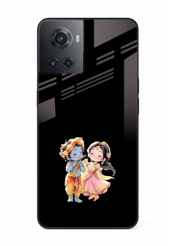 Radha Krishna tiny hearts design OnePlus 10R black glass romantic devotional cover
