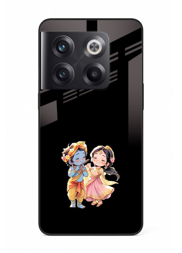 Radha Krishna tiny hearts design OnePlus 10T black glass romantic devotional cover