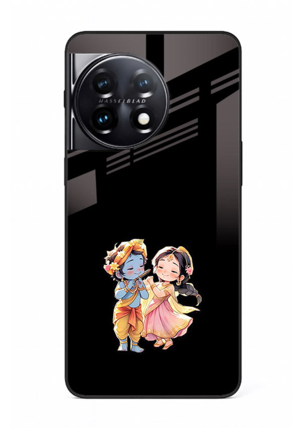 Radha Krishna tiny hearts design OnePlus 11R black glass romantic devotional cover