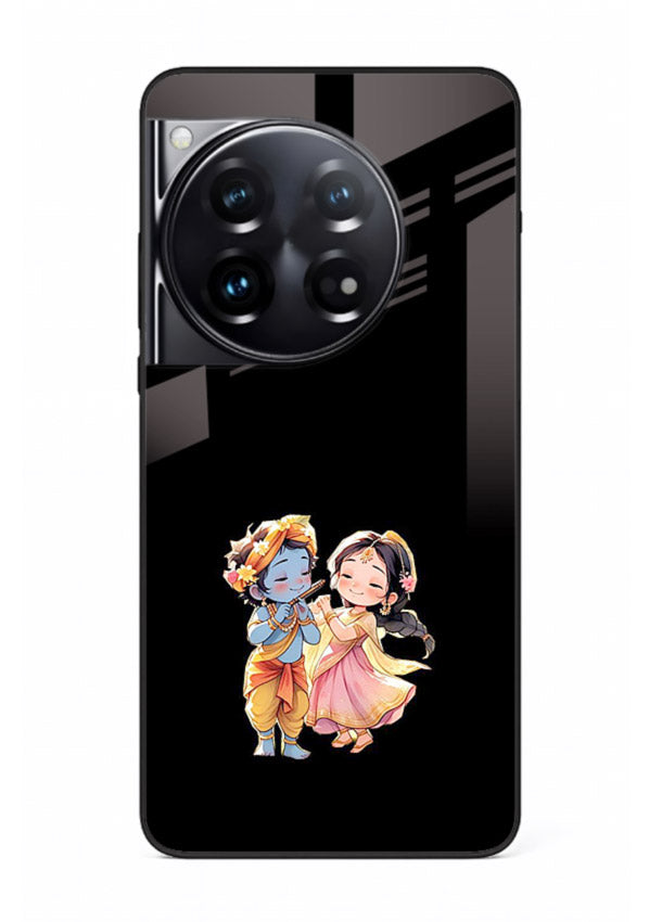 Radha Krishna tiny hearts design OnePlus 12 black glass romantic devotional cover