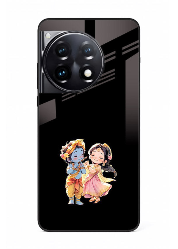 Radha Krishna tiny hearts design OnePlus 12R black glass romantic devotional cover