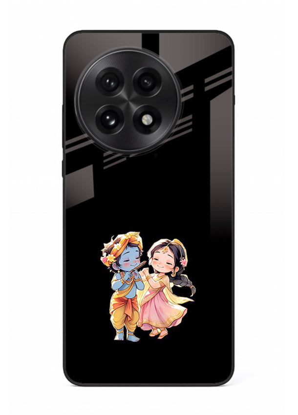 Radha Krishna tiny hearts design OnePlus 13R black glass romantic devotional cover