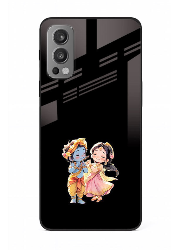 Radha Krishna tiny hearts design OnePlus Nord 2 black glass romantic devotional cover