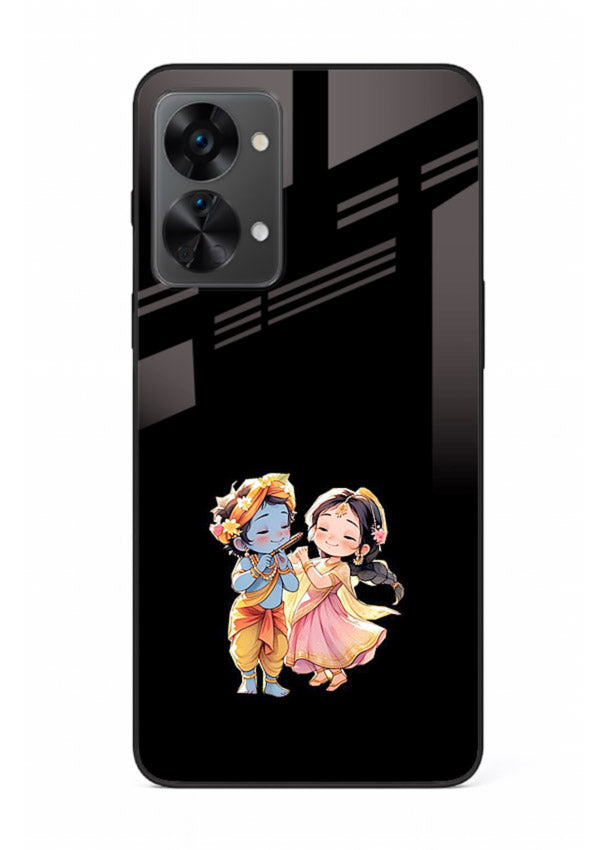 Radha Krishna tiny hearts design OnePlus Nord 2T black glass romantic devotional cover