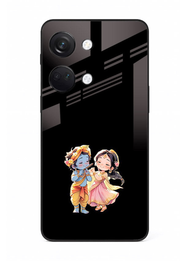 Radha Krishna tiny hearts design OnePlus Nord 3 black glass romantic devotional cover