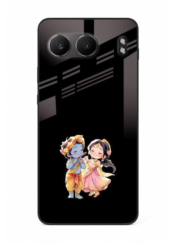 Radha Krishna tiny hearts design OnePlus Nord 4 black glass romantic devotional cover