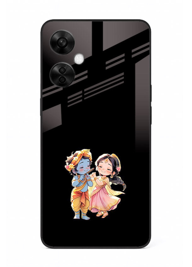 Radha Krishna tiny hearts design OnePlus Nord CE3 Lite black glass romantic devotional cover