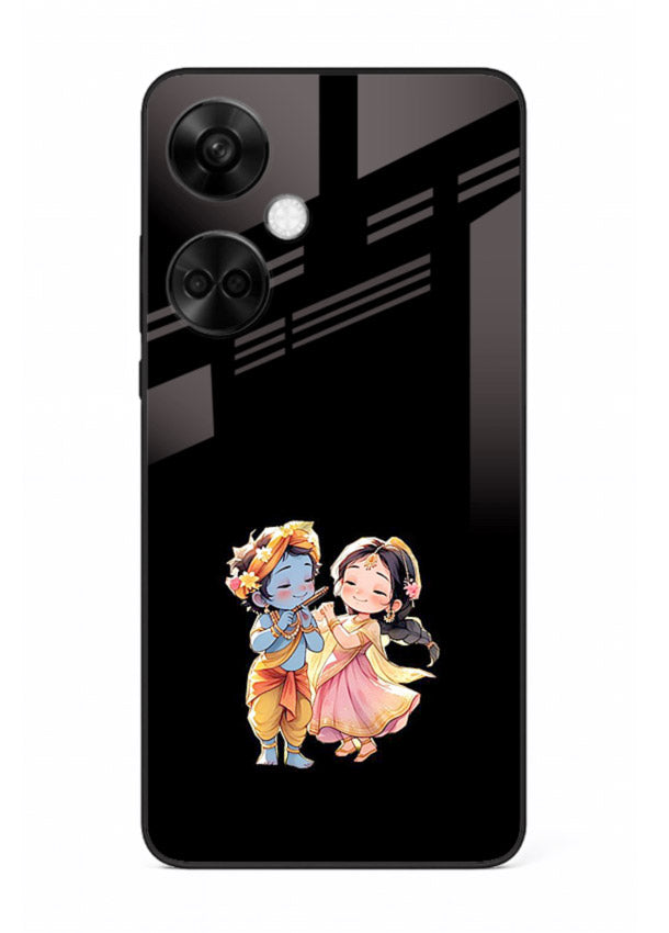 Radha Krishna tiny hearts design OnePlus Nord CE3 black glass romantic devotional cover