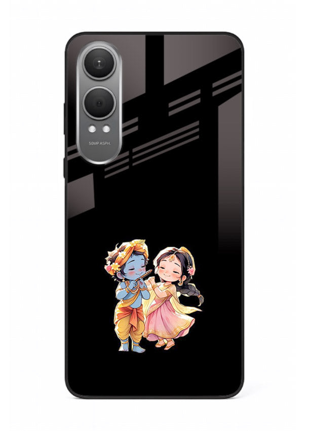 Radha Krishna tiny hearts design OnePlus Nord CE4 Lite black glass romantic devotional cover