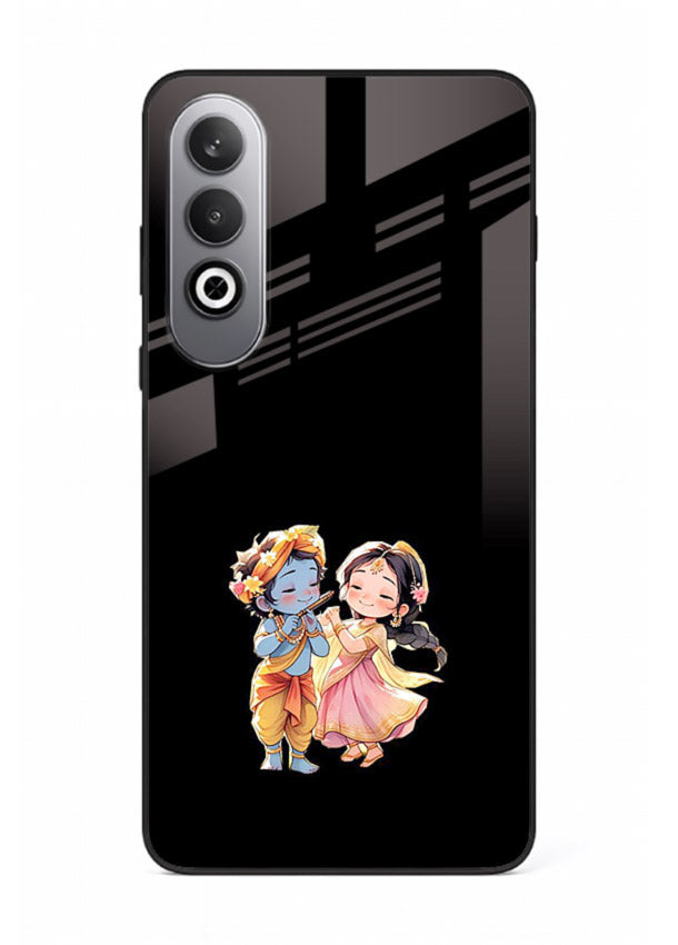 Radha Krishna tiny hearts design OnePlus Nord CE4 black glass romantic devotional cover