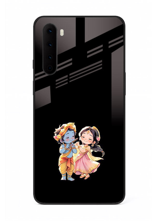 Radha Krishna tiny hearts design OnePlus Nord black glass romantic devotional cover